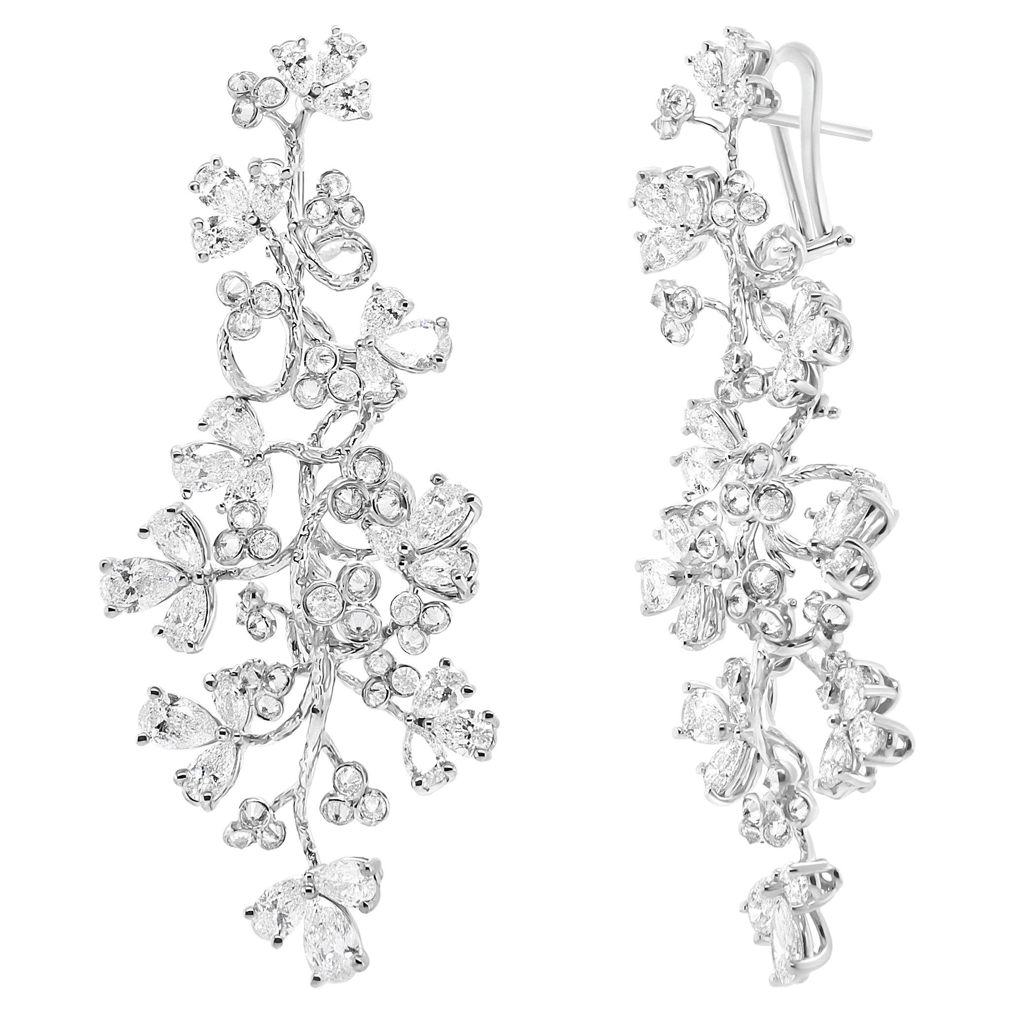 18K White Gold 10 Carat Round and Pear-Shaped Floral Diamond Dangle Drop Earring