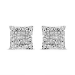 18K White Gold 1.0 Carat Round and Princess-Cut Diamond Halo Square Stud Earring