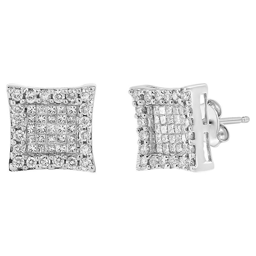 18K White Gold 1.0 Carat Round and Princess-Cut Diamond Halo Square Stud Earring For Sale
