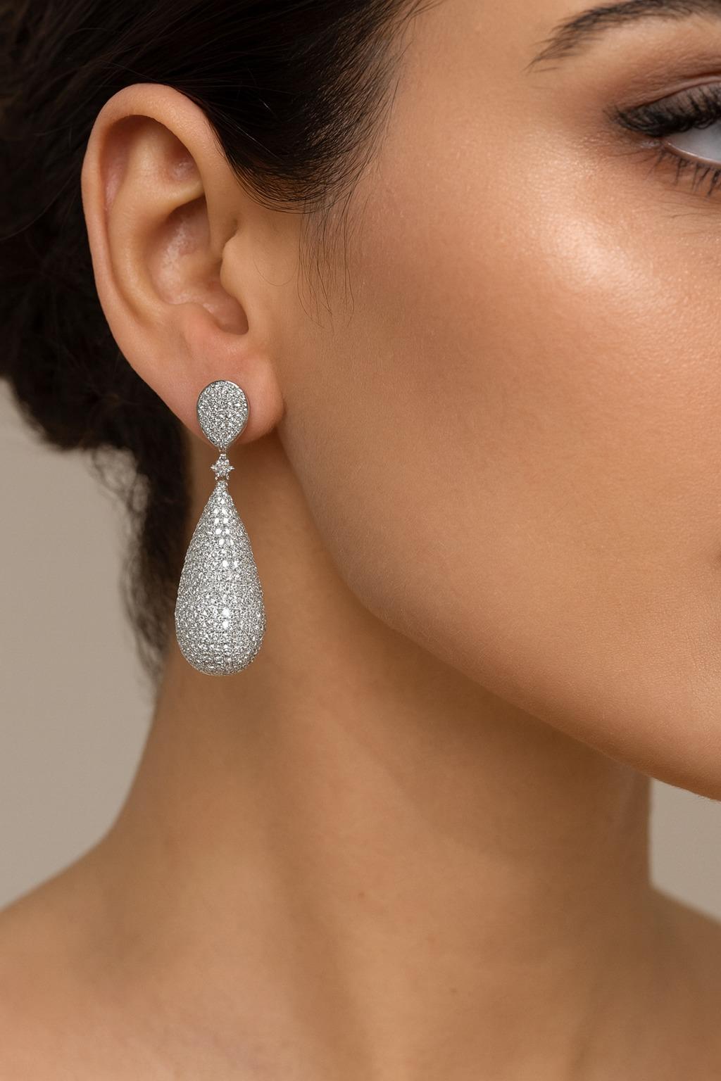 Round Cut 18K White Gold 10 Carat Round Diamond  Pave Drop Earrings For Sale