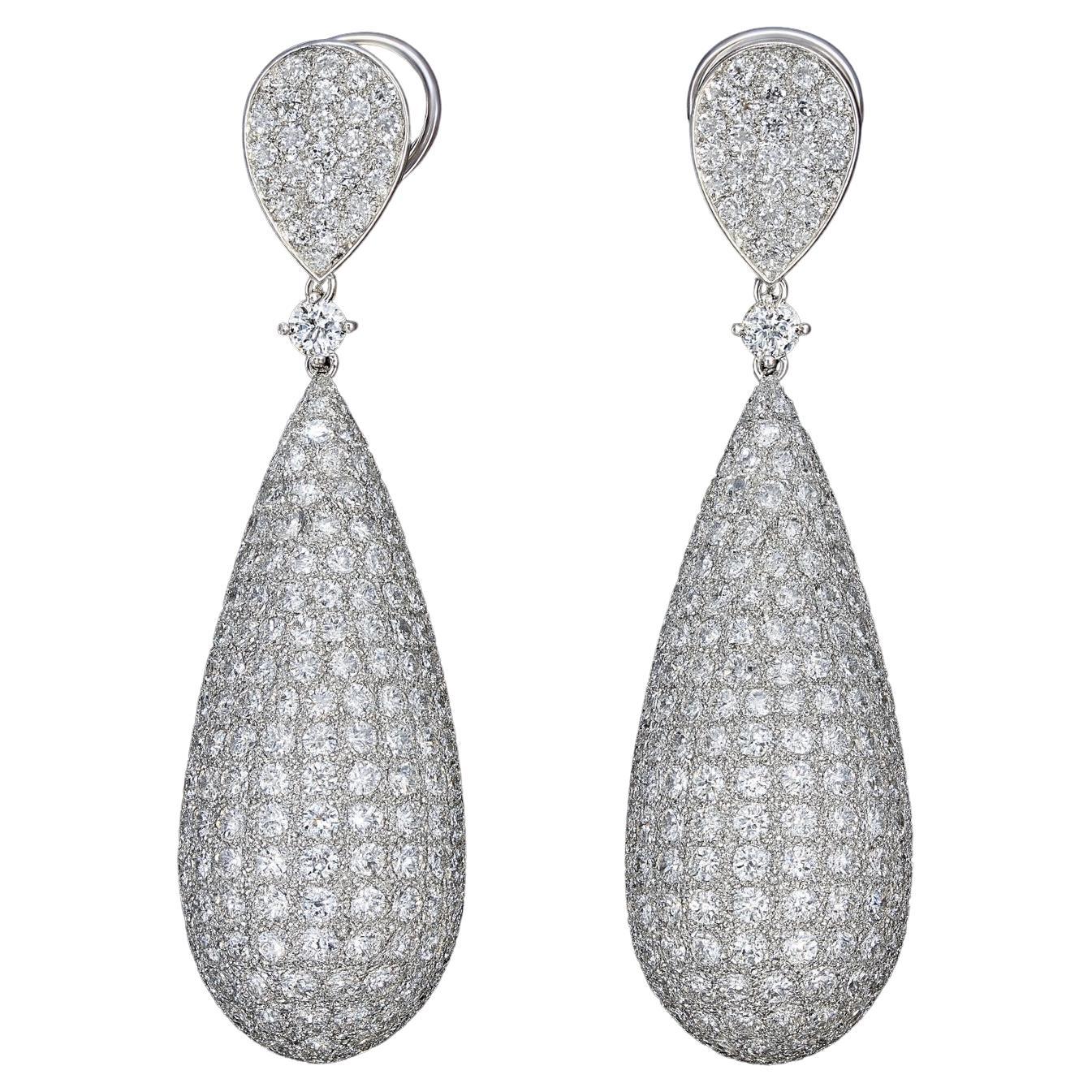 18K White Gold 10 Carat Round Diamond  Pave Drop Earrings