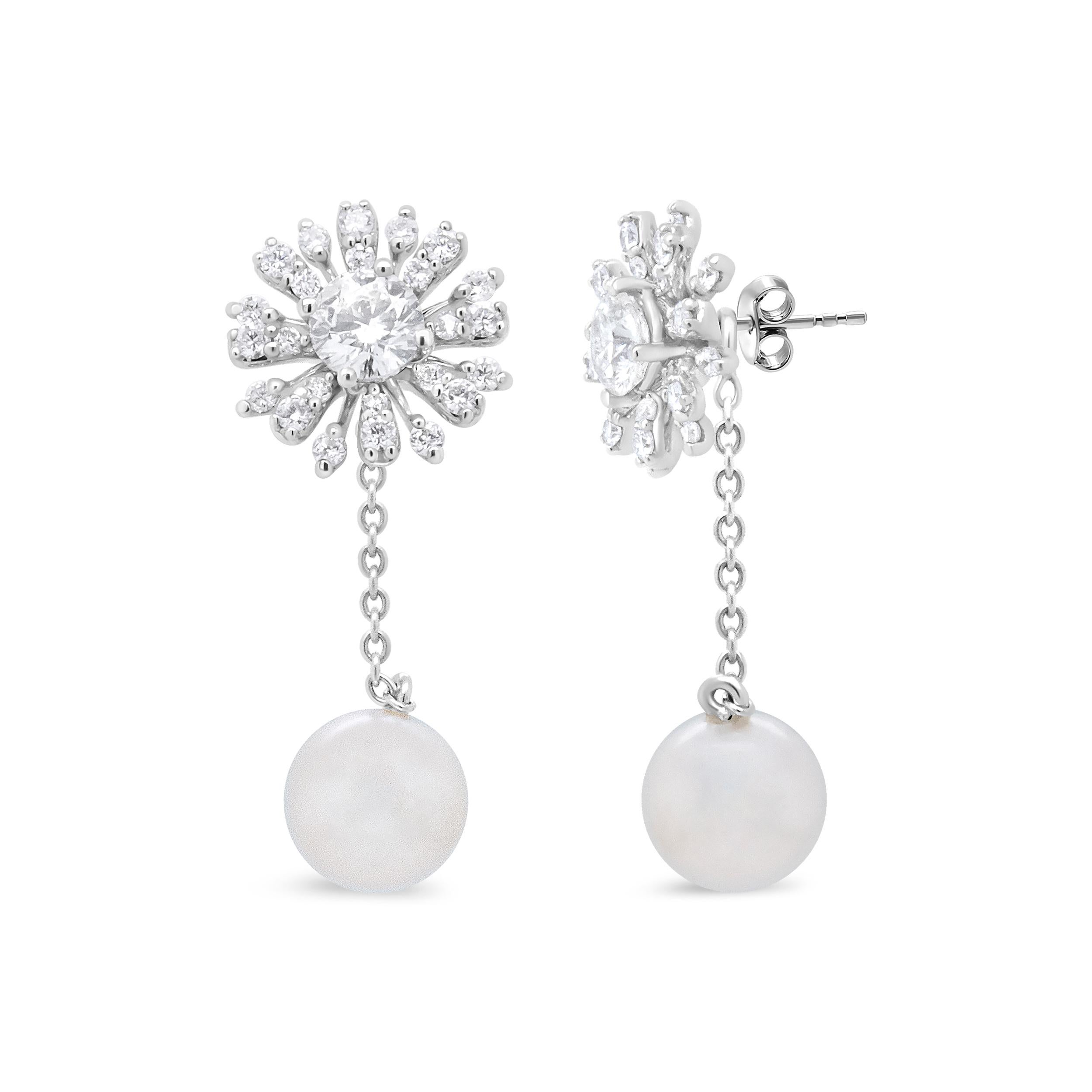 Contemporary 18K White Gold 1.0 Ct Diamond Cultured Freshwater Pearl Floral Drop Stud Earring