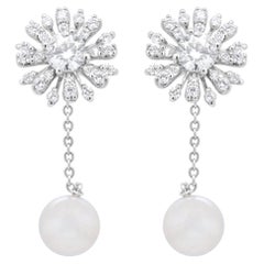 18K White Gold 1.0 Ct Diamond Cultured Freshwater Pearl Floral Drop Stud Earring
