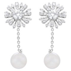 18K White Gold 1.0 Ct Diamond Cultured Freshwater Pearl Floral Drop Stud Earring
