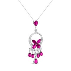 18K White Gold 1.0 Ct Diamond & Red Ruby Floral Chandelier Drop Pendant Necklace
