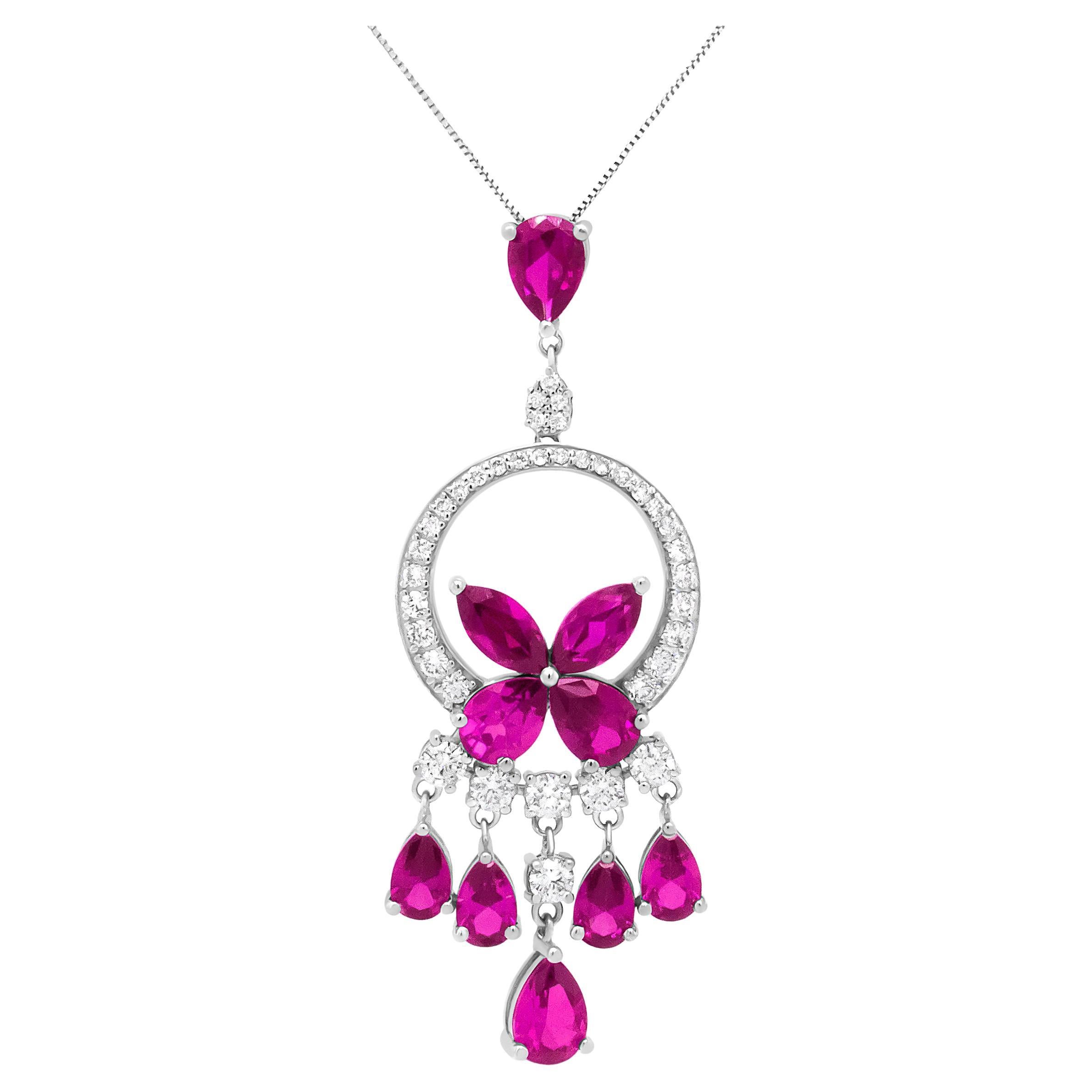 18K White Gold 1.0 Ct Diamond & Red Ruby Floral Chandelier Drop Pendant Necklace