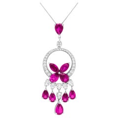 18K White Gold 1.0 Ct Diamond & Red Ruby Floral Chandelier Drop Pendant Necklace