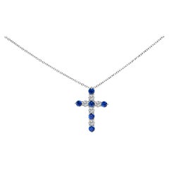 18K White Gold 1.0 Cttw Diamond & Blue Sapphire 11 Stone Cross Pendant Necklace