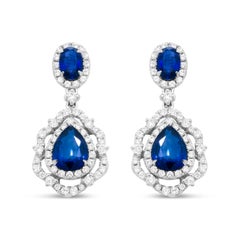 18K White Gold 1.00 Carat Round Diamond Tanzanite Dangle Drop Earrings