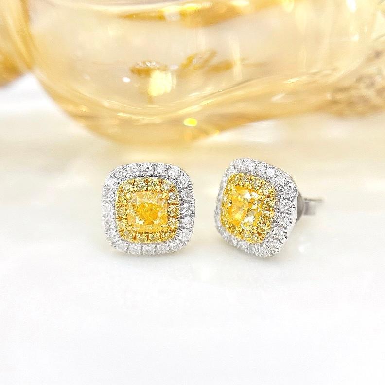 Women's or Men's 18K White Gold 1.00 CT Yellow Diamond & Diamond Stud Earrings For Sale
