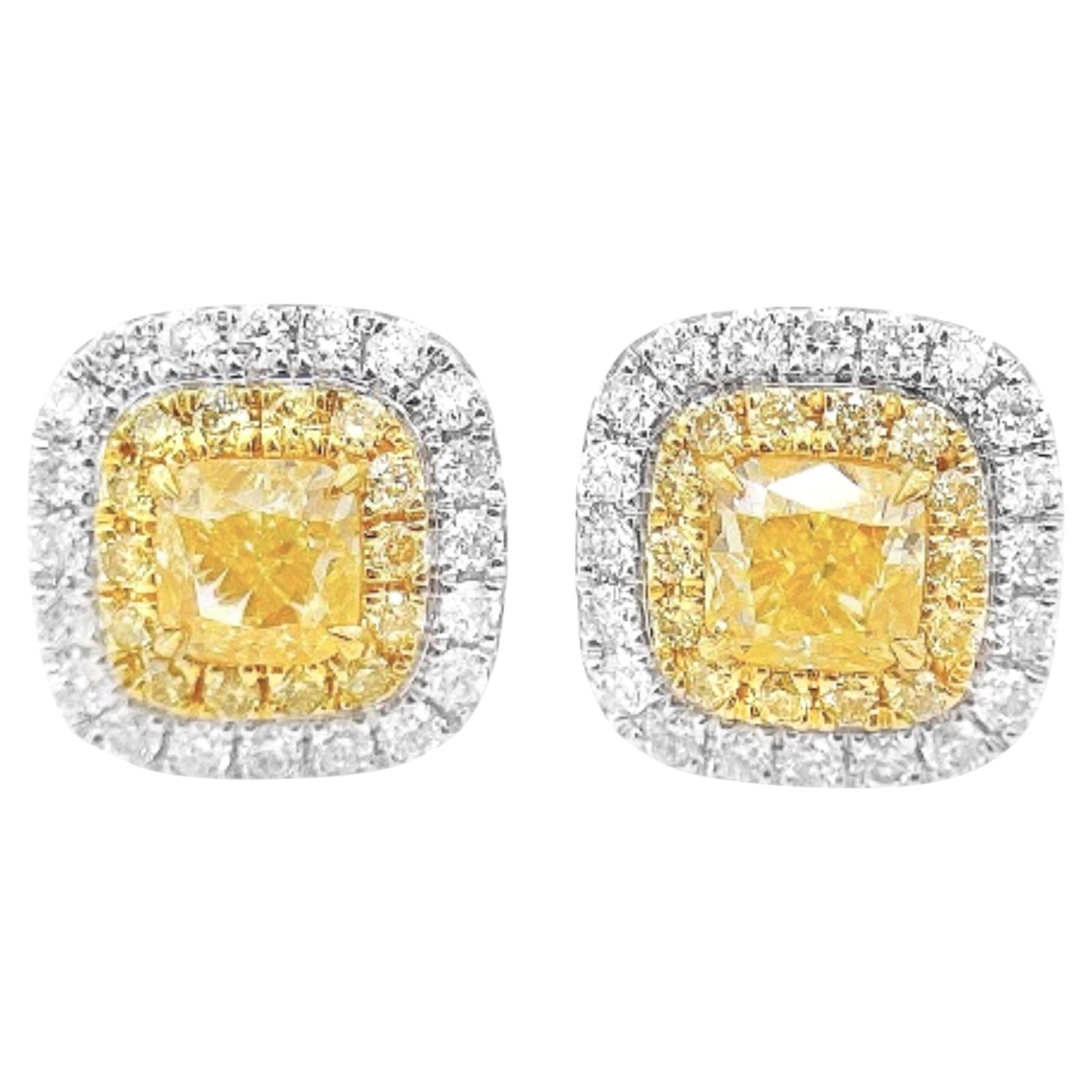 18K White Gold 1.00 CT Yellow Diamond & Diamond Stud Earrings
