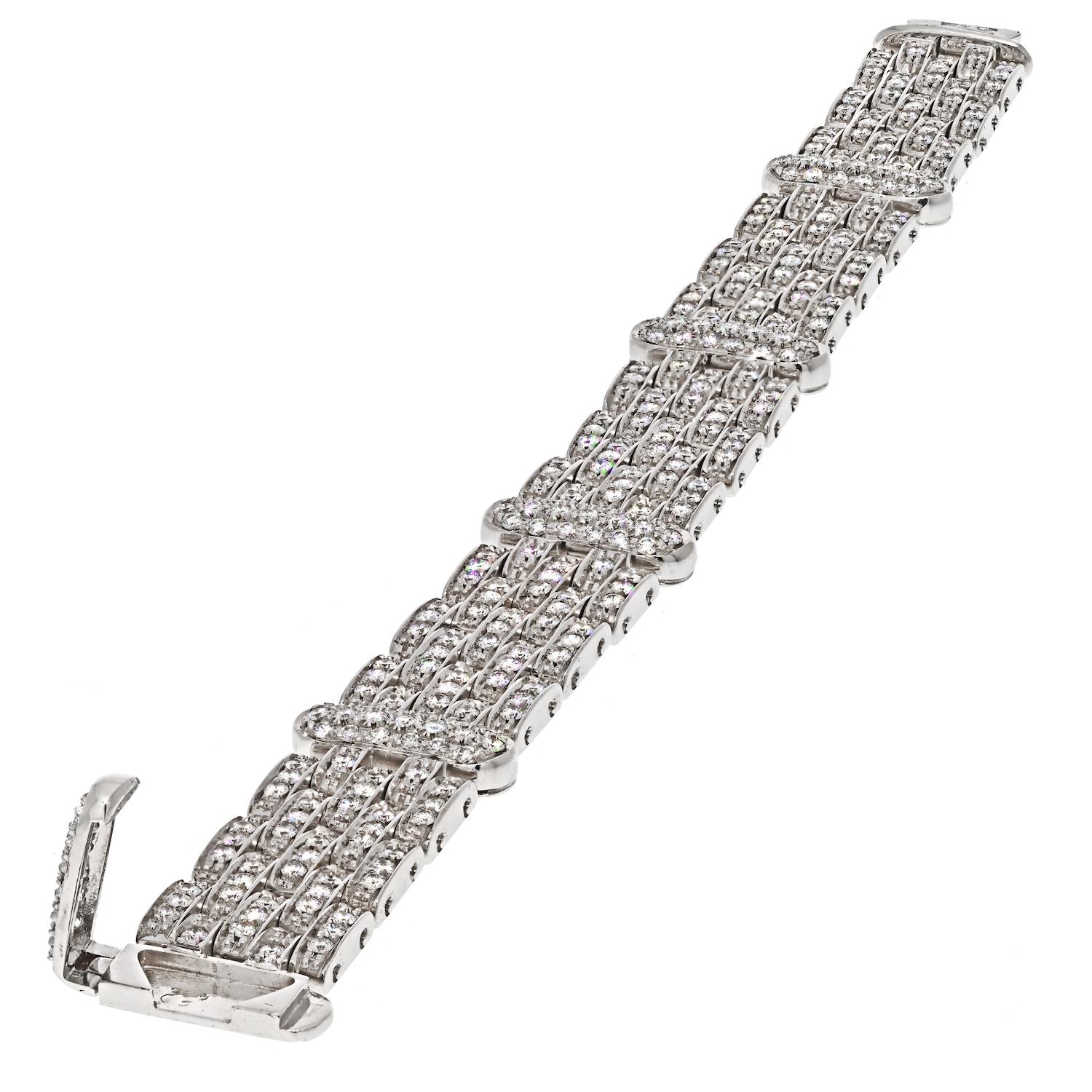 Round Cut 18K White Gold 10.00cttw Five Row Diamond Link Ladies Bracelet For Sale