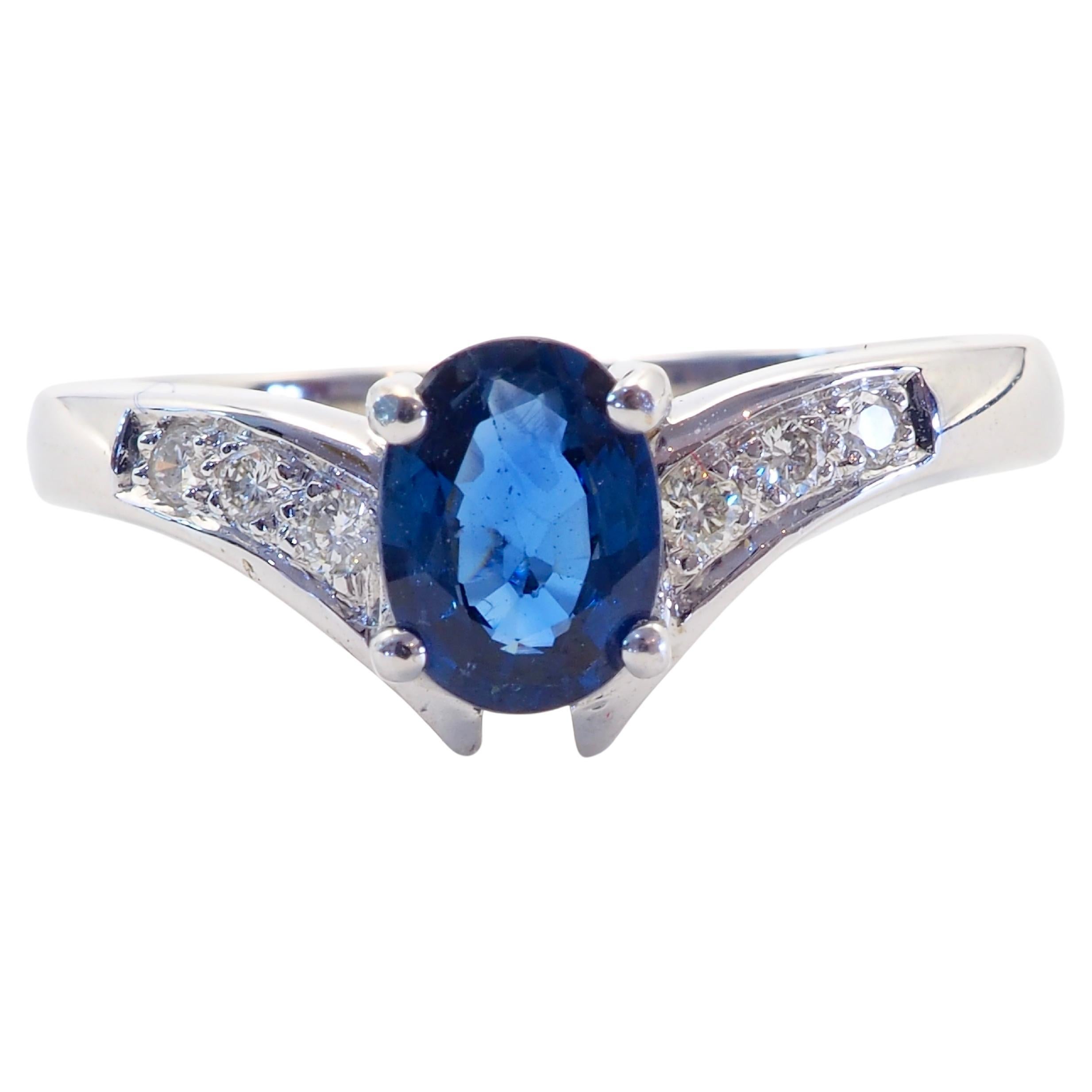 18K White Gold 1.00ct Blue Sapphire & 0.10ct Diamond Fine Chevron Ring