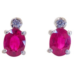 18k White Gold 1.00ct Burma Oval Ruby & 0.02ct Diamond Stud Earrings