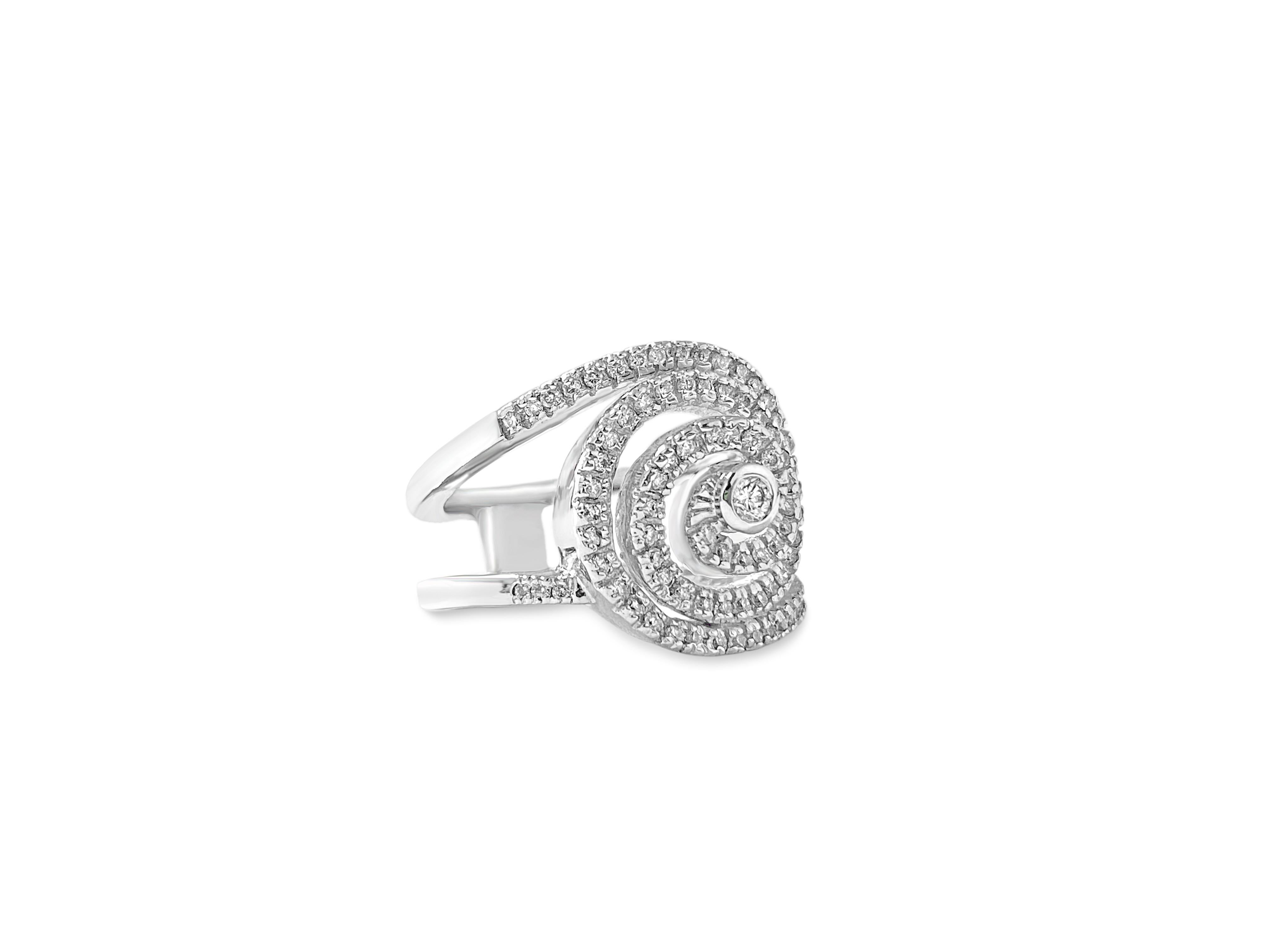 In 18k white gold, this exquisite ring features 1.00 carat total weight of round brilliant cut diamonds with G color and VS-SI clarity. All diamonds are 100% natural and earth mined, creating a stunning swirl motif design that adds elegance and