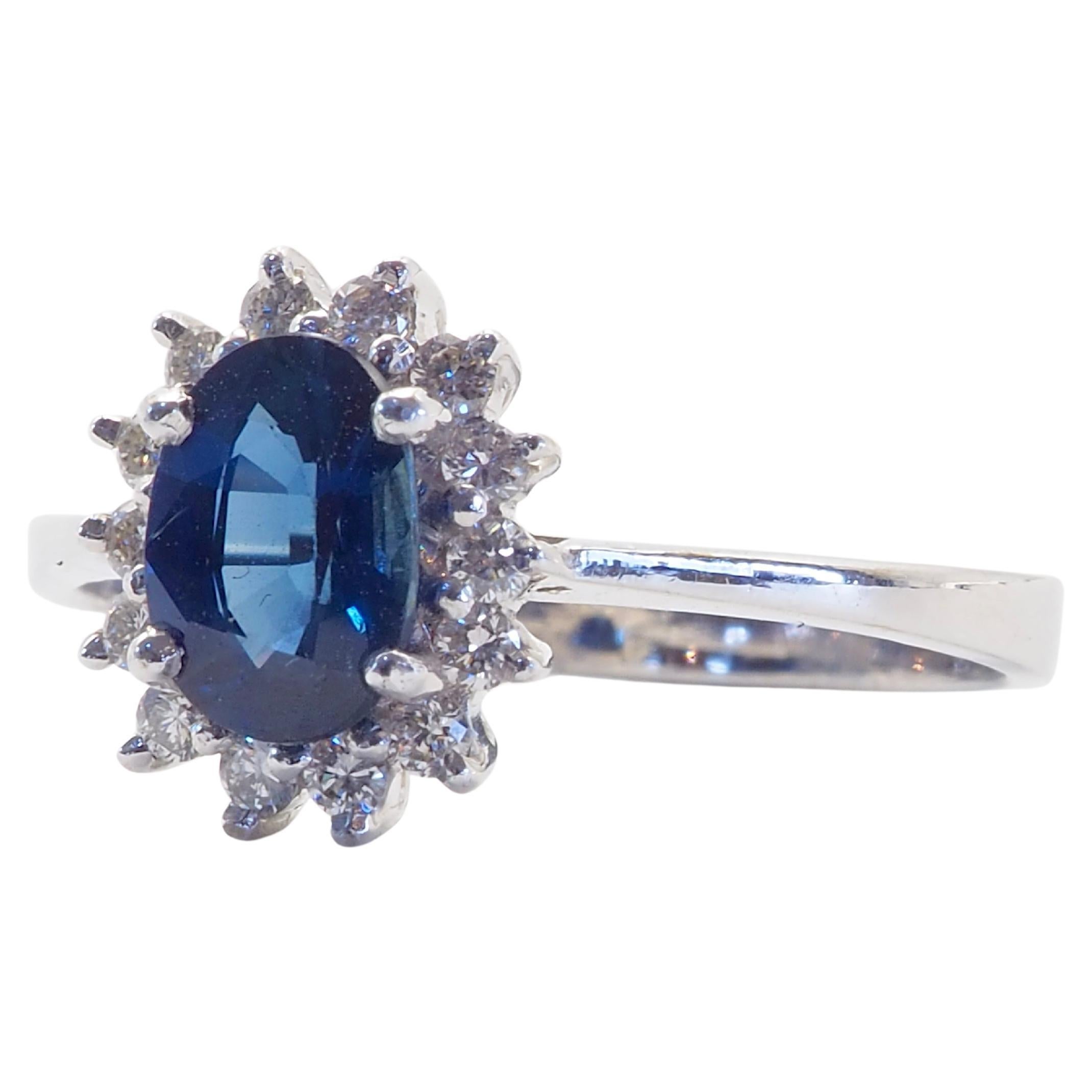 Oval Cut 18K White Gold 1.01ct Oval Blue Sapphire & 0.20ct Diamond Fine Sunburst Ring For Sale