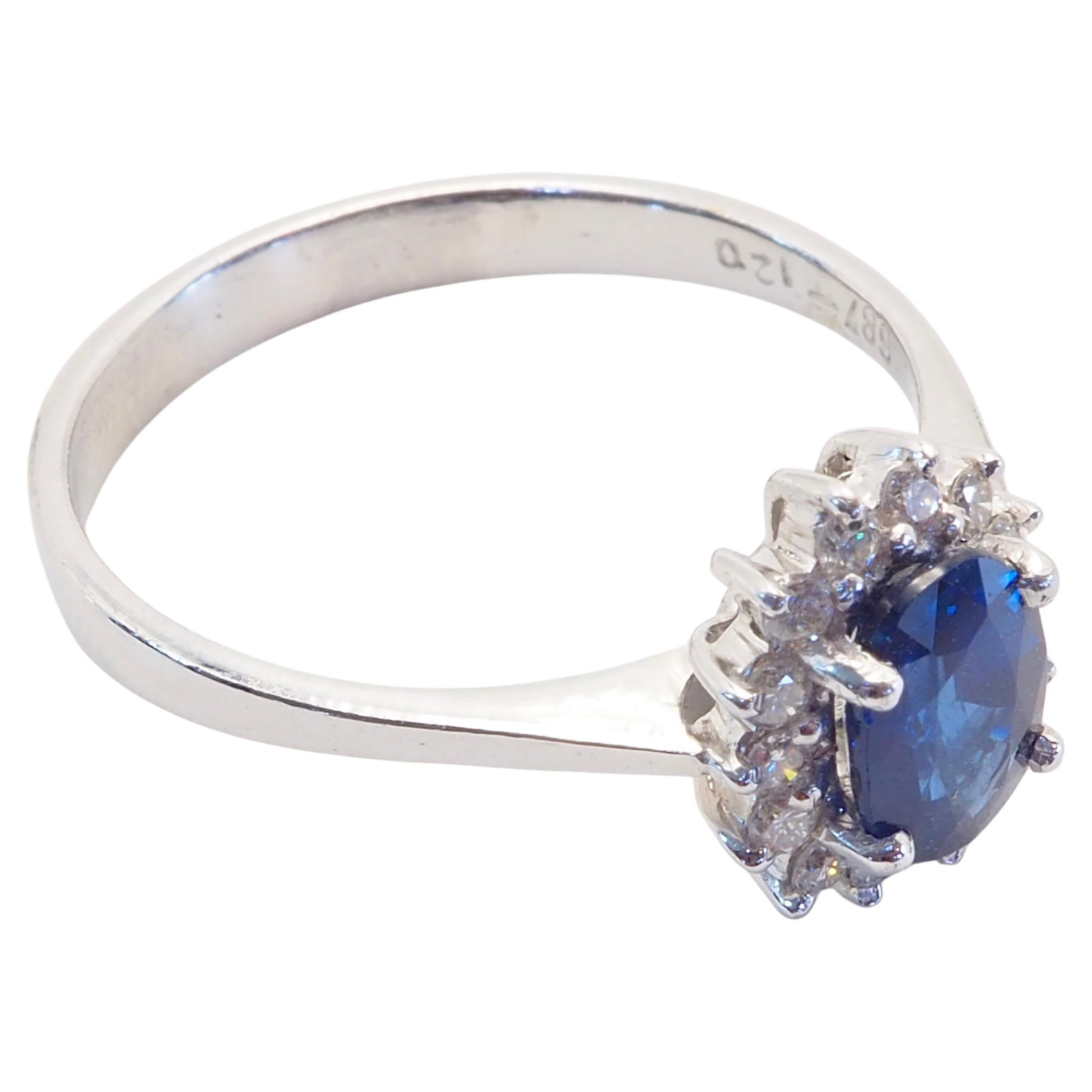 Women's 18K White Gold 1.01ct Oval Blue Sapphire & 0.20ct Diamond Fine Sunburst Ring For Sale