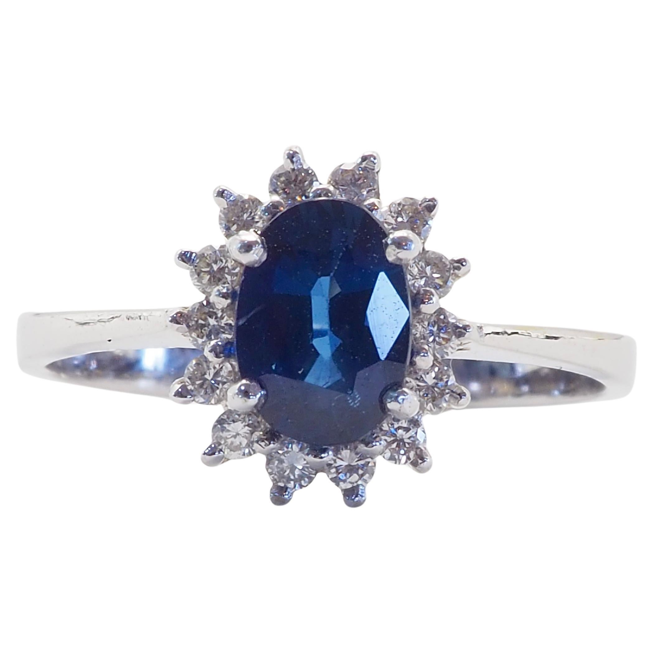 18K White Gold 1.01ct Oval Blue Sapphire & 0.20ct Diamond Fine Sunburst Ring