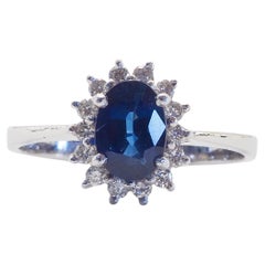18K White Gold 1.01ct Oval Blue Sapphire & 0.20ct Diamond Fine Sunburst Ring