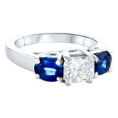 18k White Gold 1.02 Ct Radiant Cut Diamond and 1.87 Ct Round Cut Sapphire Ring