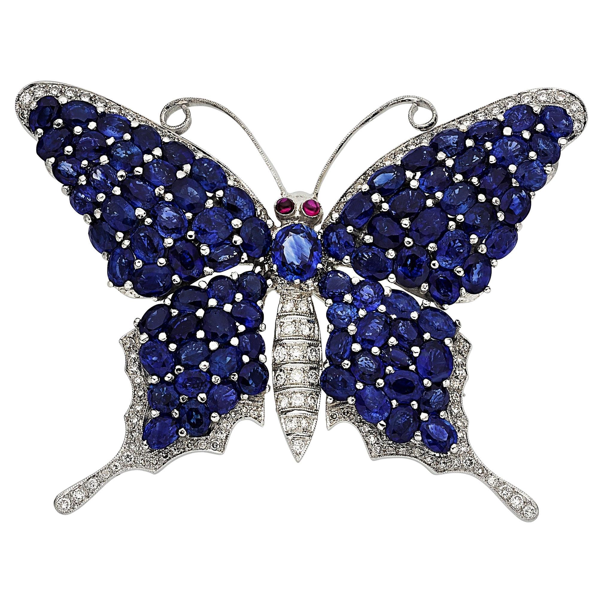 Broche Mariposa Oro Blanco 18k y Zafiro 10,30ct con Diamante y Rubí 1,15ct