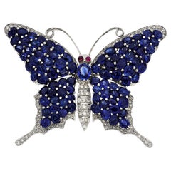 18k White Gold & 10.30ct Sapphire Butterfly Brooch w/ 1.15ct Diamond & Ruby