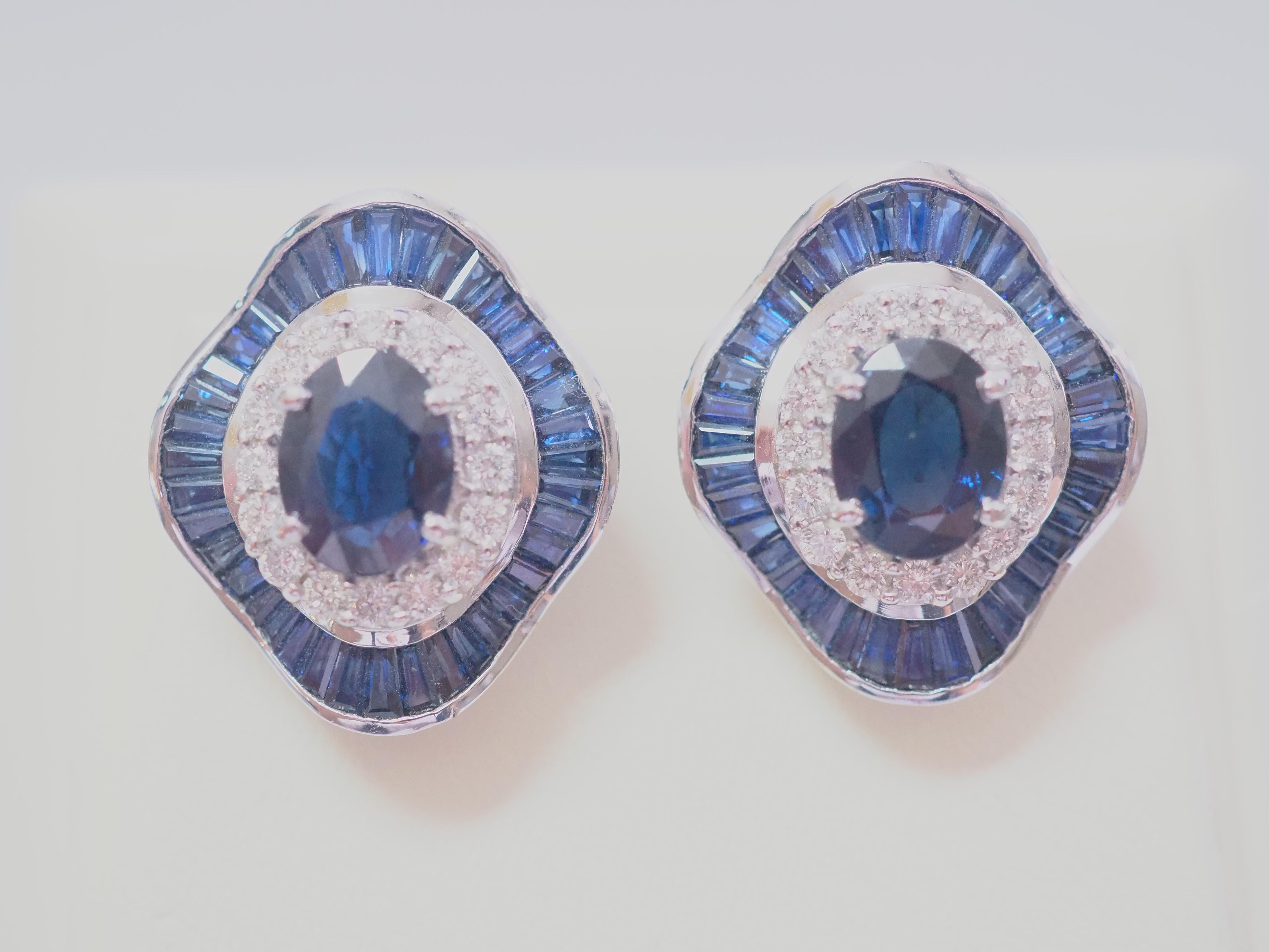 Beautiful and elegant from the bygone era blue sapphire and diamond earrings. Perfect for wearing every special occasion and events. Collectible piece of fine jewelry that is hard to find and to make nowadays! 

The blue sapphire has medium to dark