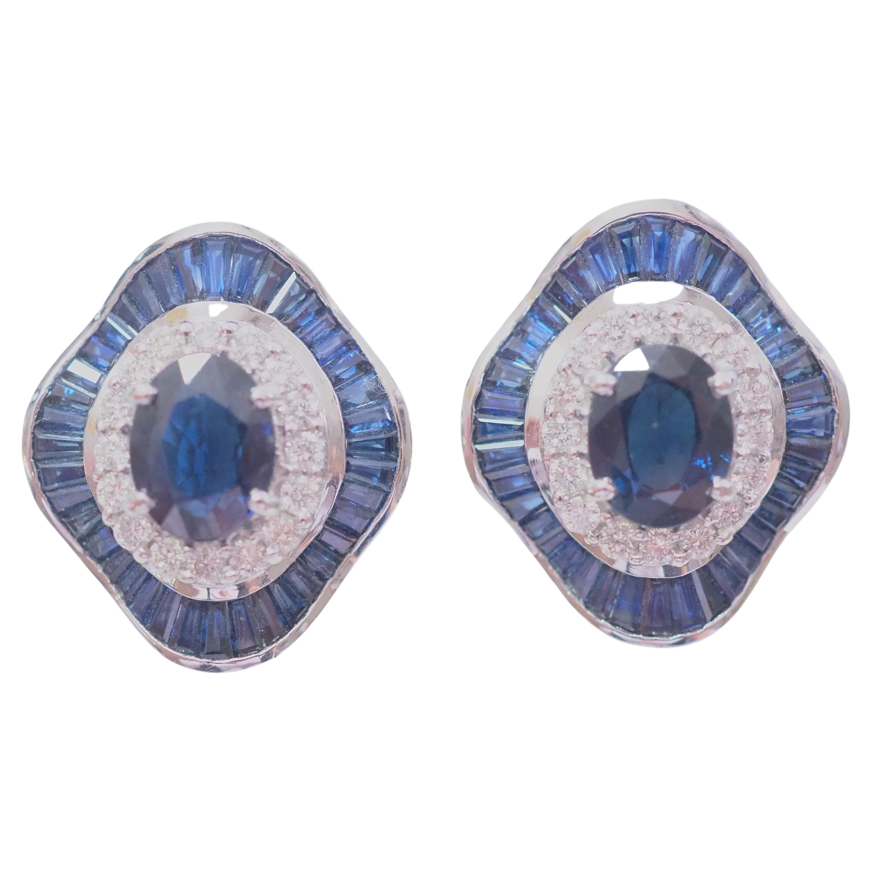 18K White Gold 10.34ctw Oval & Tapered Blue Sapphire & 0.84ct Diamond Earrings