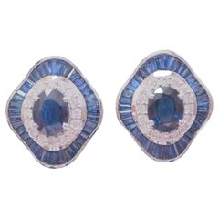 Vintage 18K White Gold 10.34ctw Oval & Tapered Blue Sapphire & 0.84ct Diamond Earrings