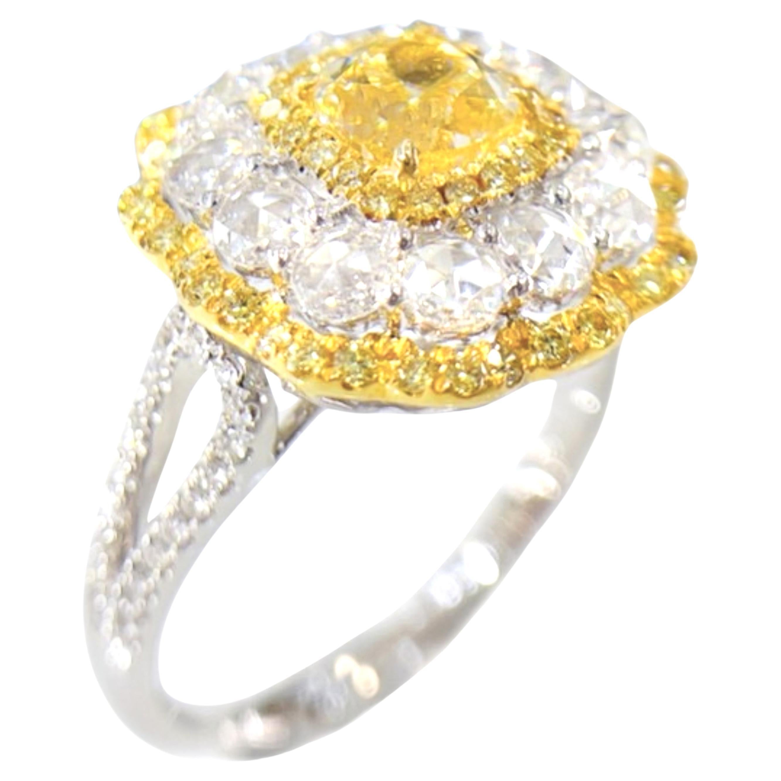 18K White Gold 1.05 CT Yellow Diamond Rose-Cut Diamond Cocktail Ring For Sale