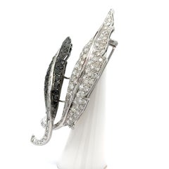 18k White Gold 10.50ctw Black & White Diamond Dual Feather Leaf Pin Brooch