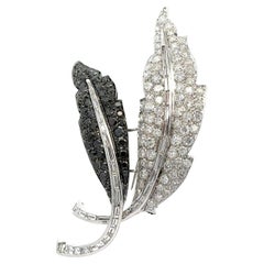 18k White Gold 10.50ctw Black 
White Diamond Dual Feather Leaf Pin Brooch