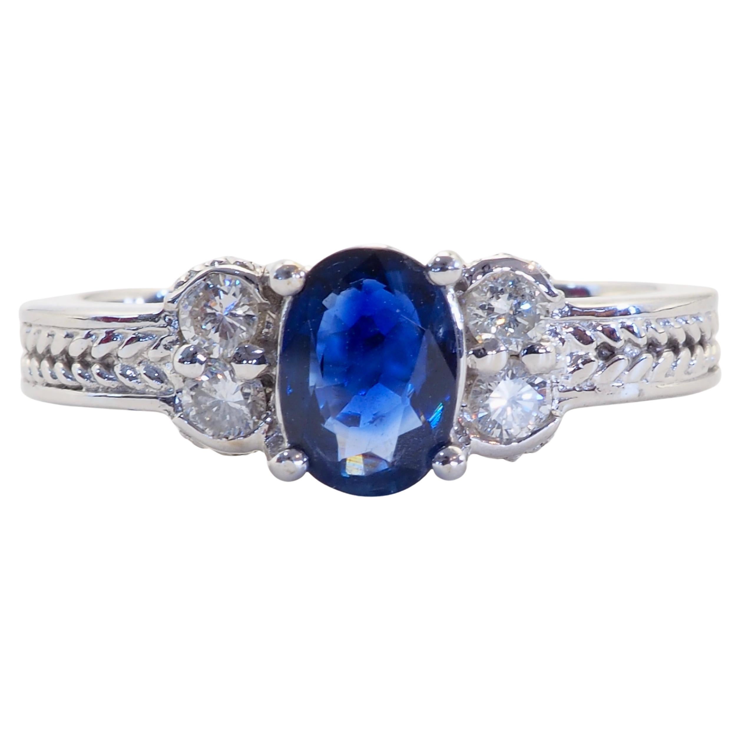 18K White Gold 1.05ct Blue Sapphire & 0.30ct Diamond Fine Mid Century Style Ring
