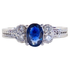 18 Karat Weißgold 1,05 Karat Blauer Saphir & 0,30 Karat Diamant Feiner Ring im Mid-Century-Stil