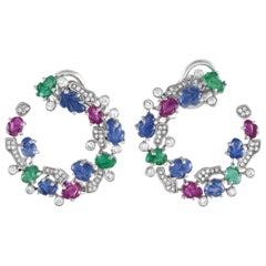18K White Gold 1.05ct Diamond, Sapphire, Emerald, and Ruby Earrings