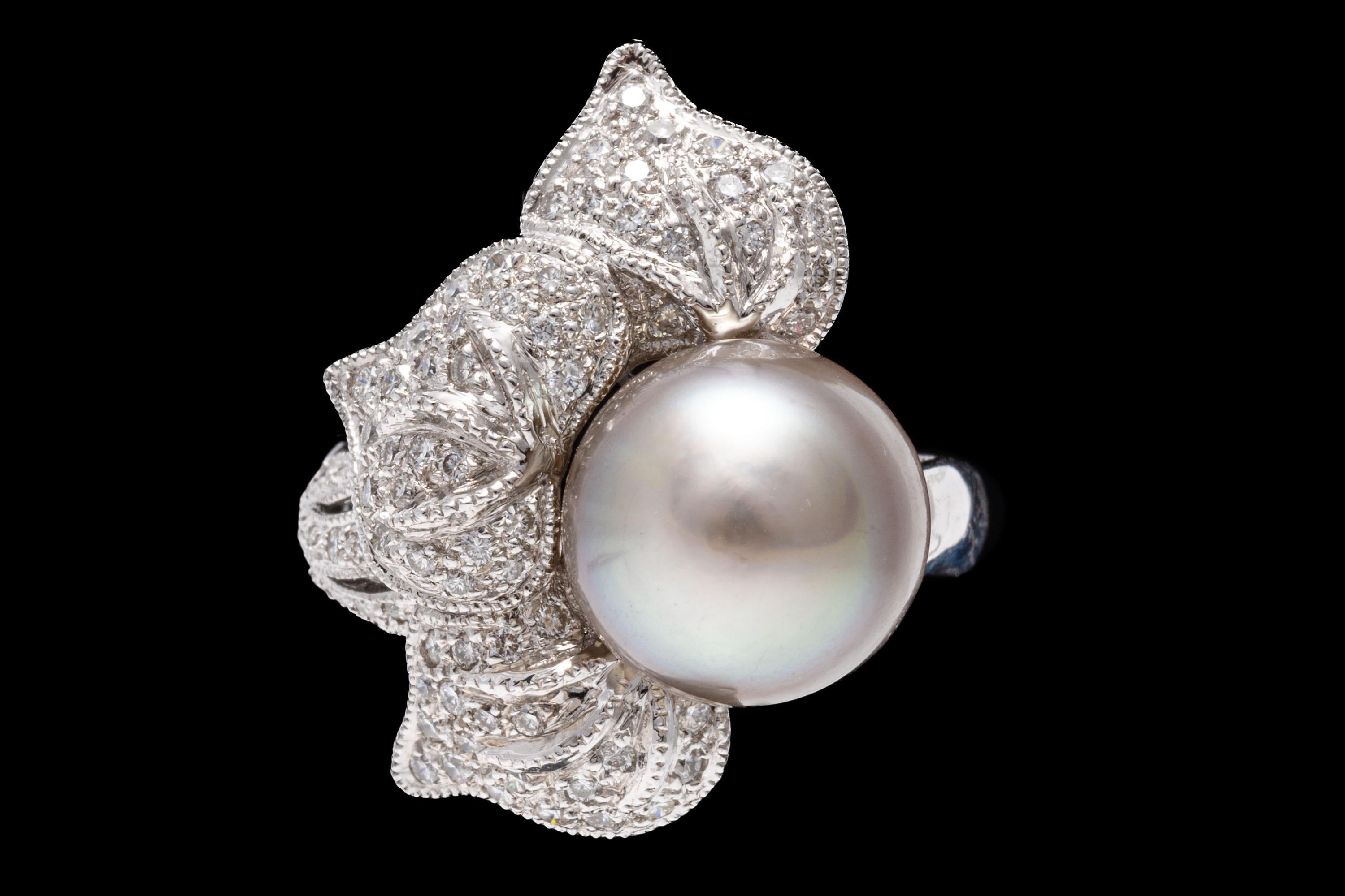 18K White Gold Grey Cultured Pearl and Diamond Set Flower Ring For Sale 5