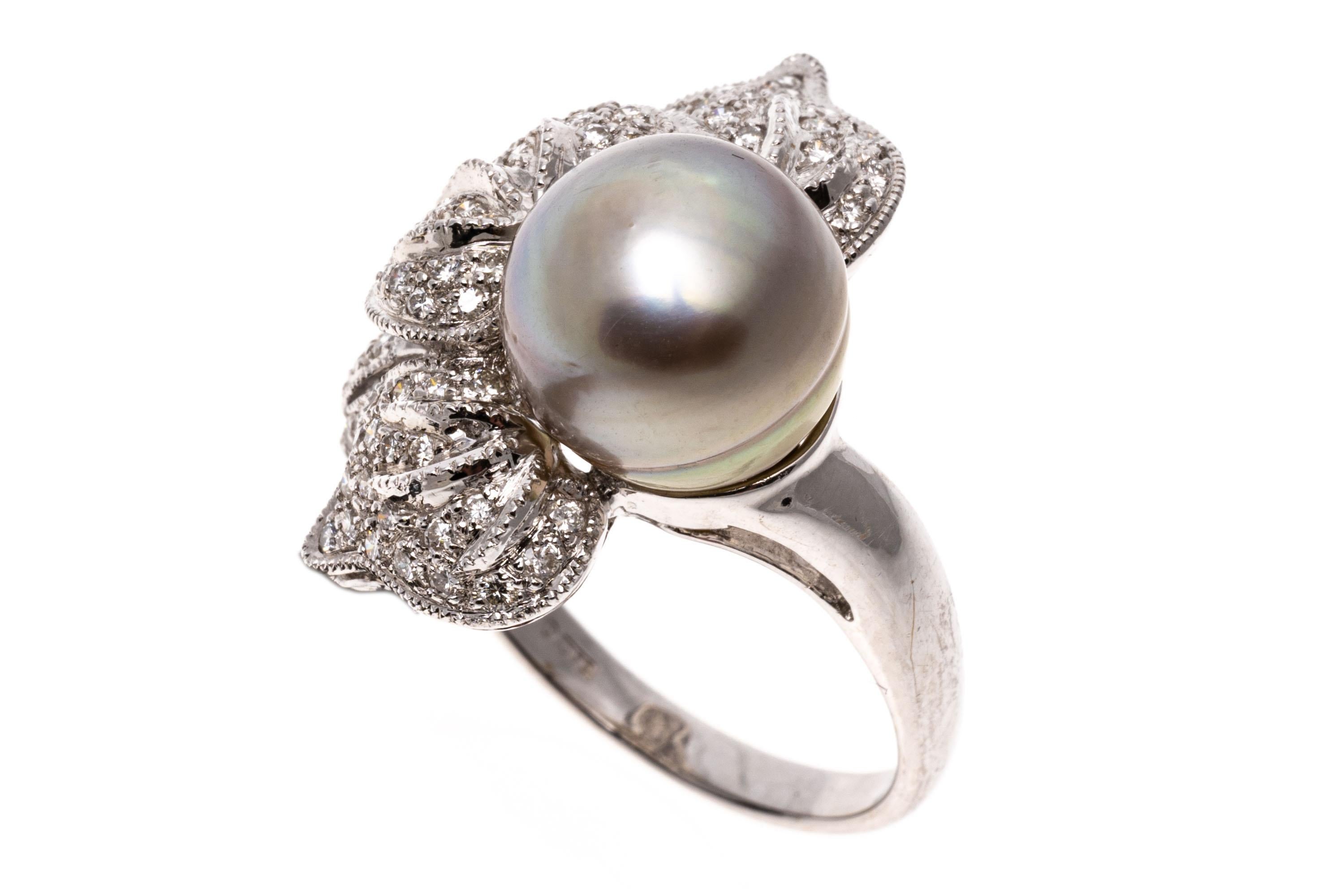 18K White Gold Grey Cultured Pearl and Diamond Set Flower Ring For Sale 3