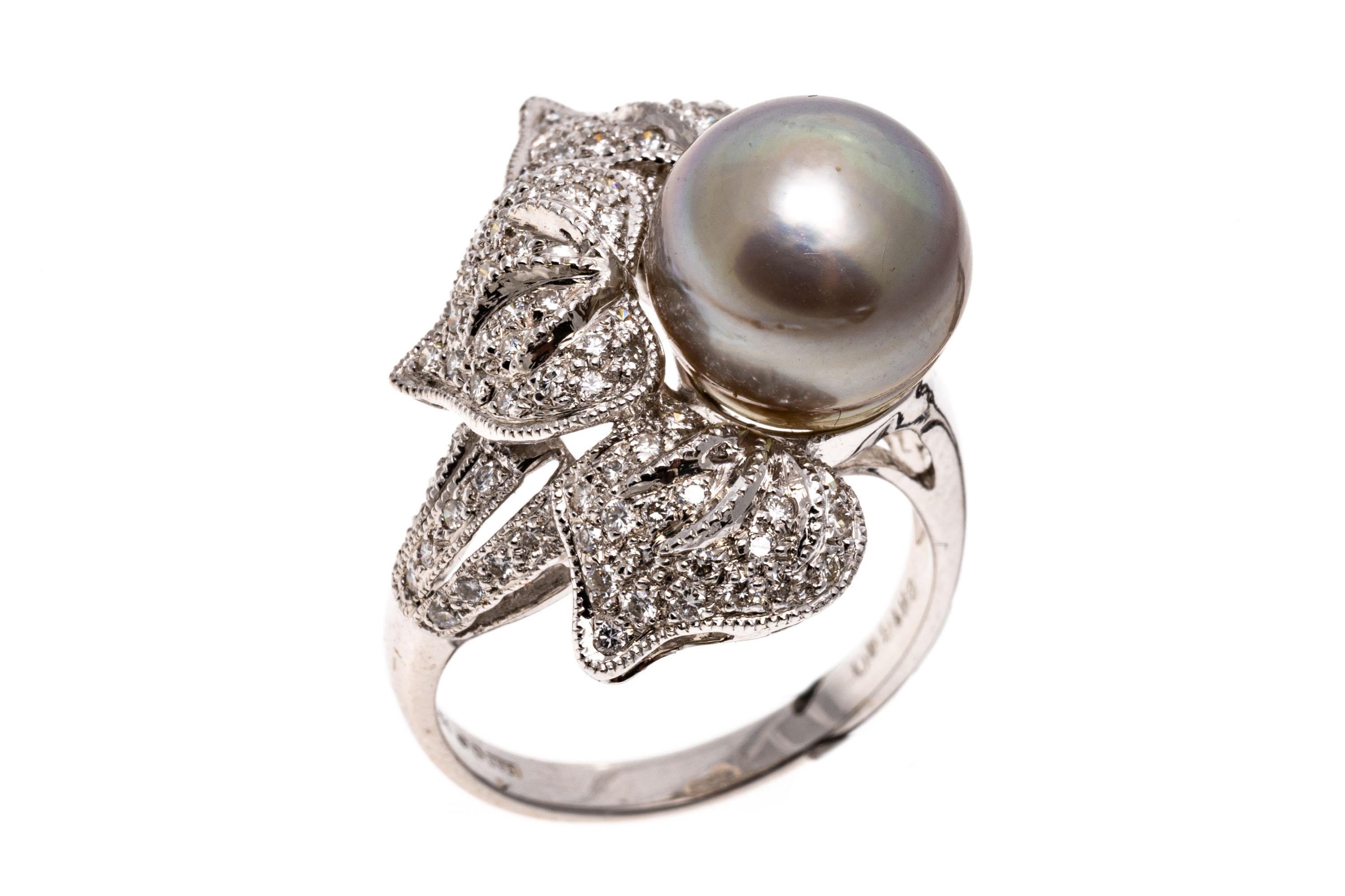 18K White Gold Grey Cultured Pearl and Diamond Set Flower Ring For Sale 4