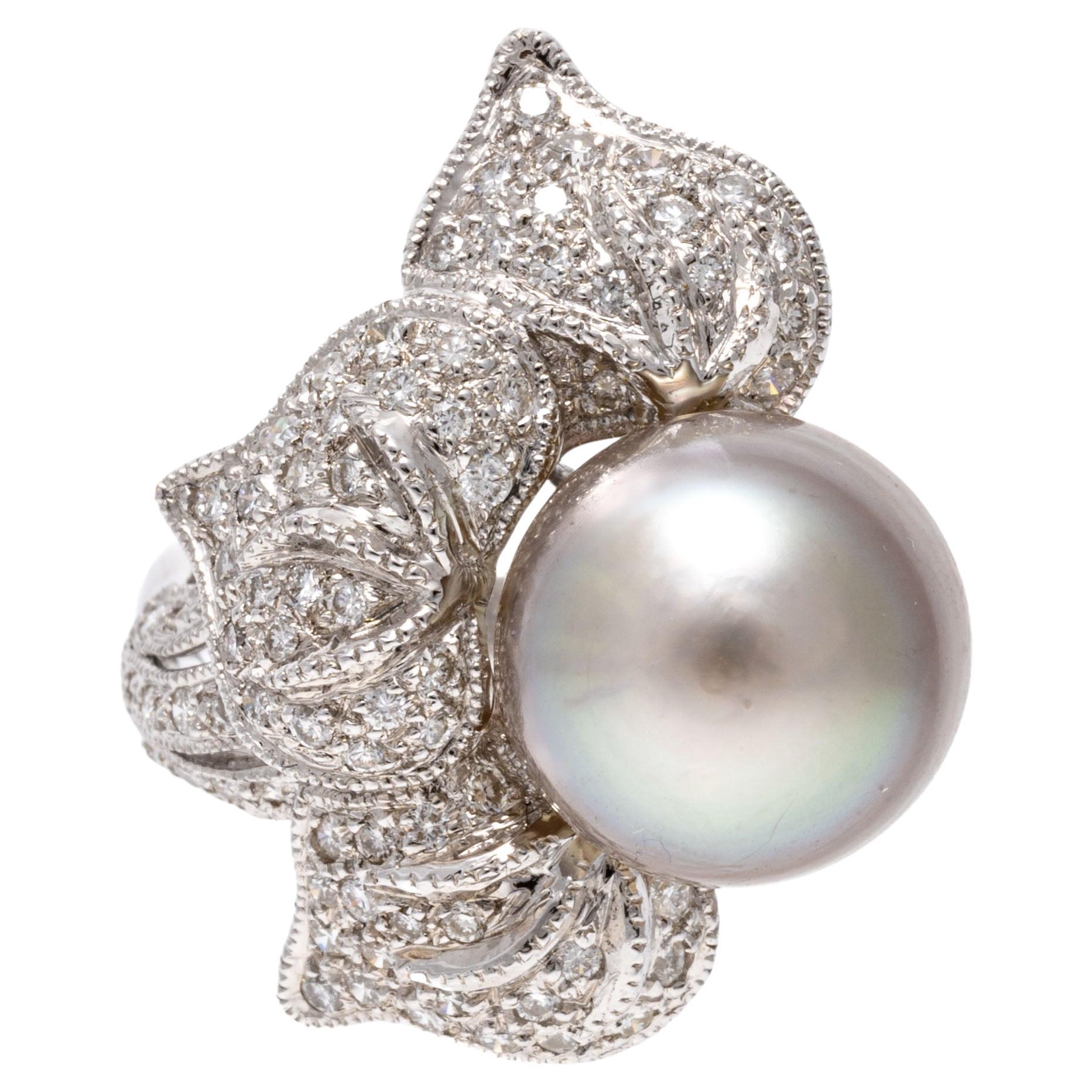 18K White Gold Grey Cultured Pearl and Diamond Set Flower Ring For Sale