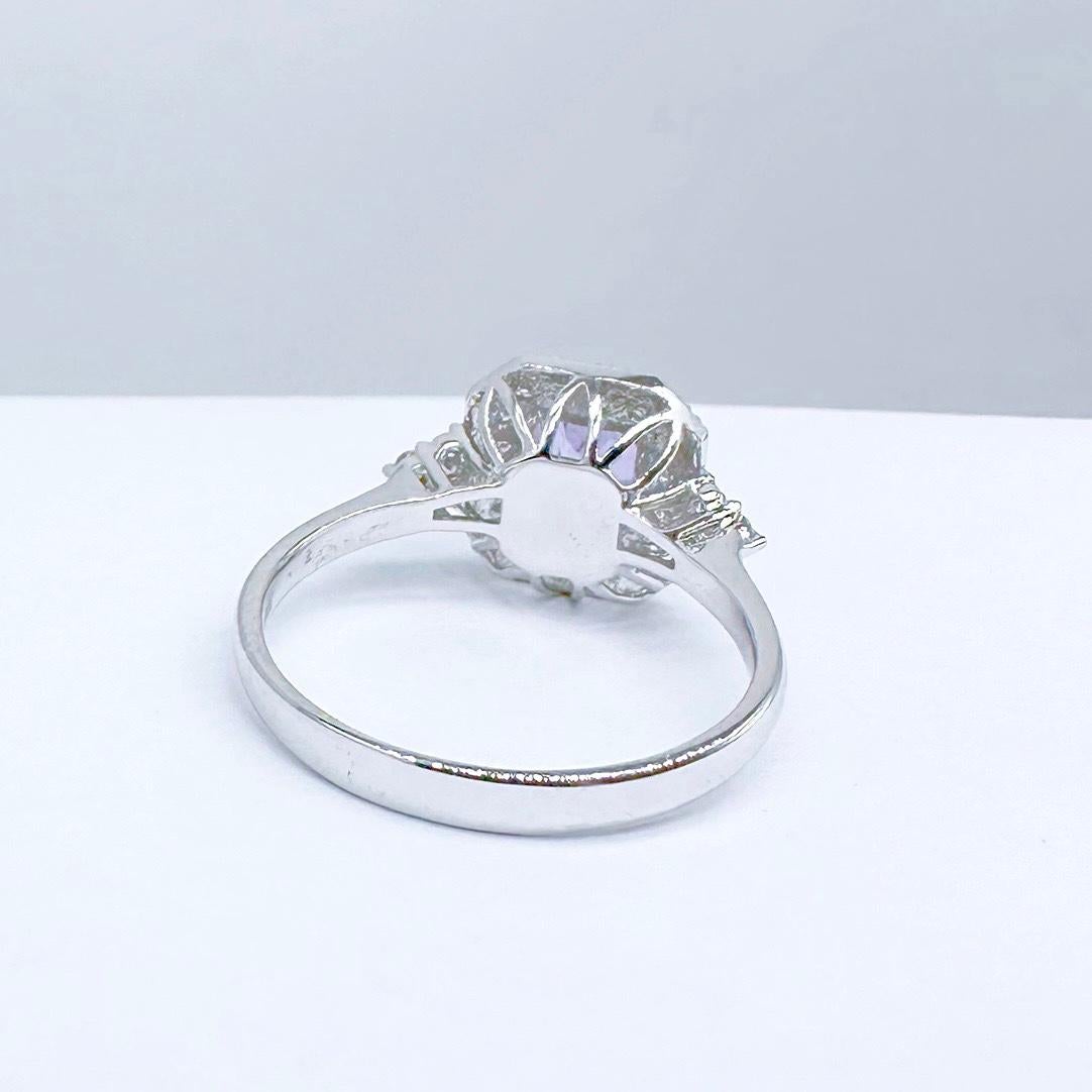 Cushion Cut 18K White Gold 1.06 CT Purple Sapphire Ring with Diamonds For Sale