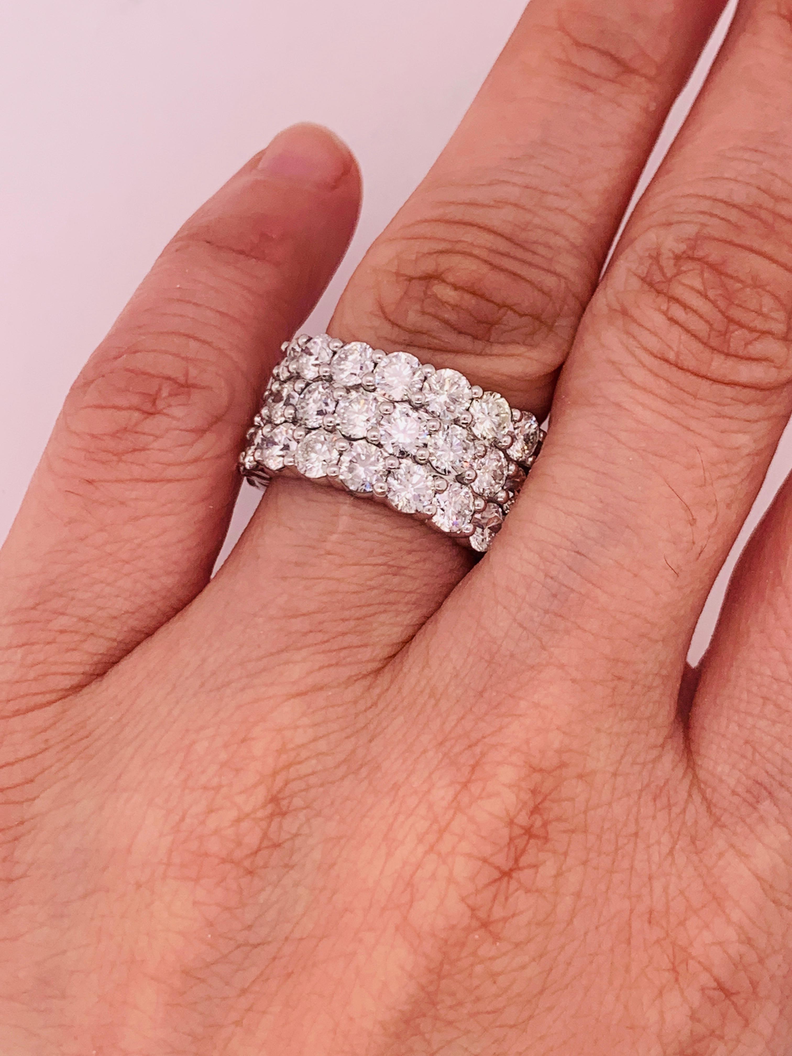 Women's 18 Karat White Gold 10.60 Carat Three-Row Diamond Band For Sale