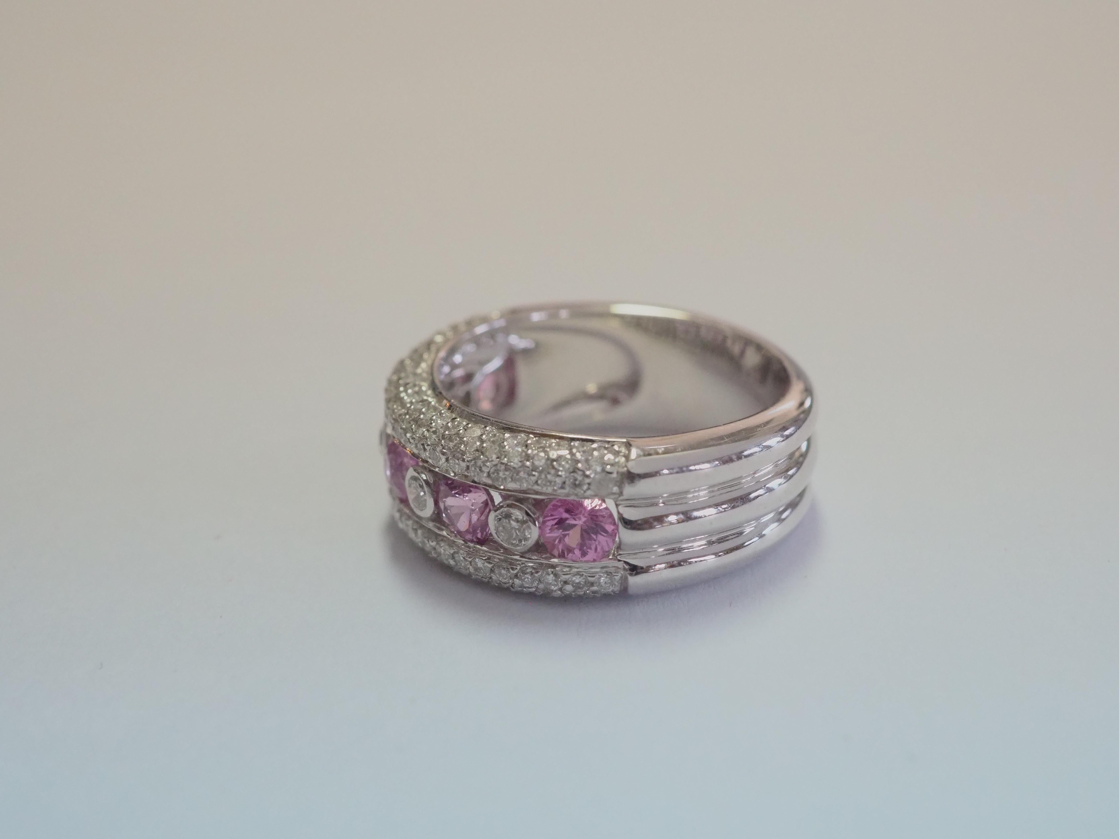 Round Cut 18K White Gold 1.06ct Pink Sapphires & 0.73ct Diamond Cocktail Band Ring For Sale
