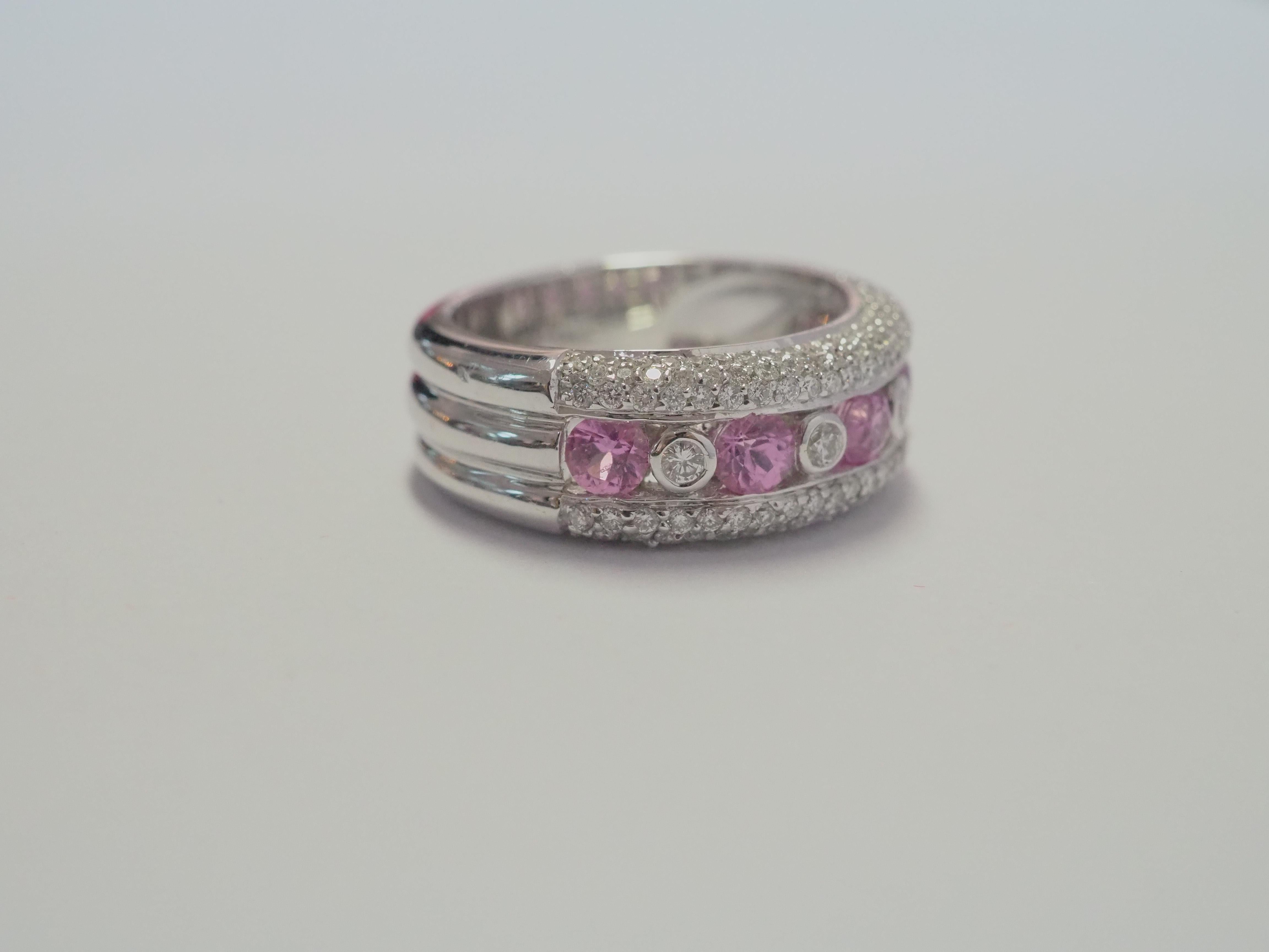Women's 18K White Gold 1.06ct Pink Sapphires & 0.73ct Diamond Cocktail Band Ring For Sale