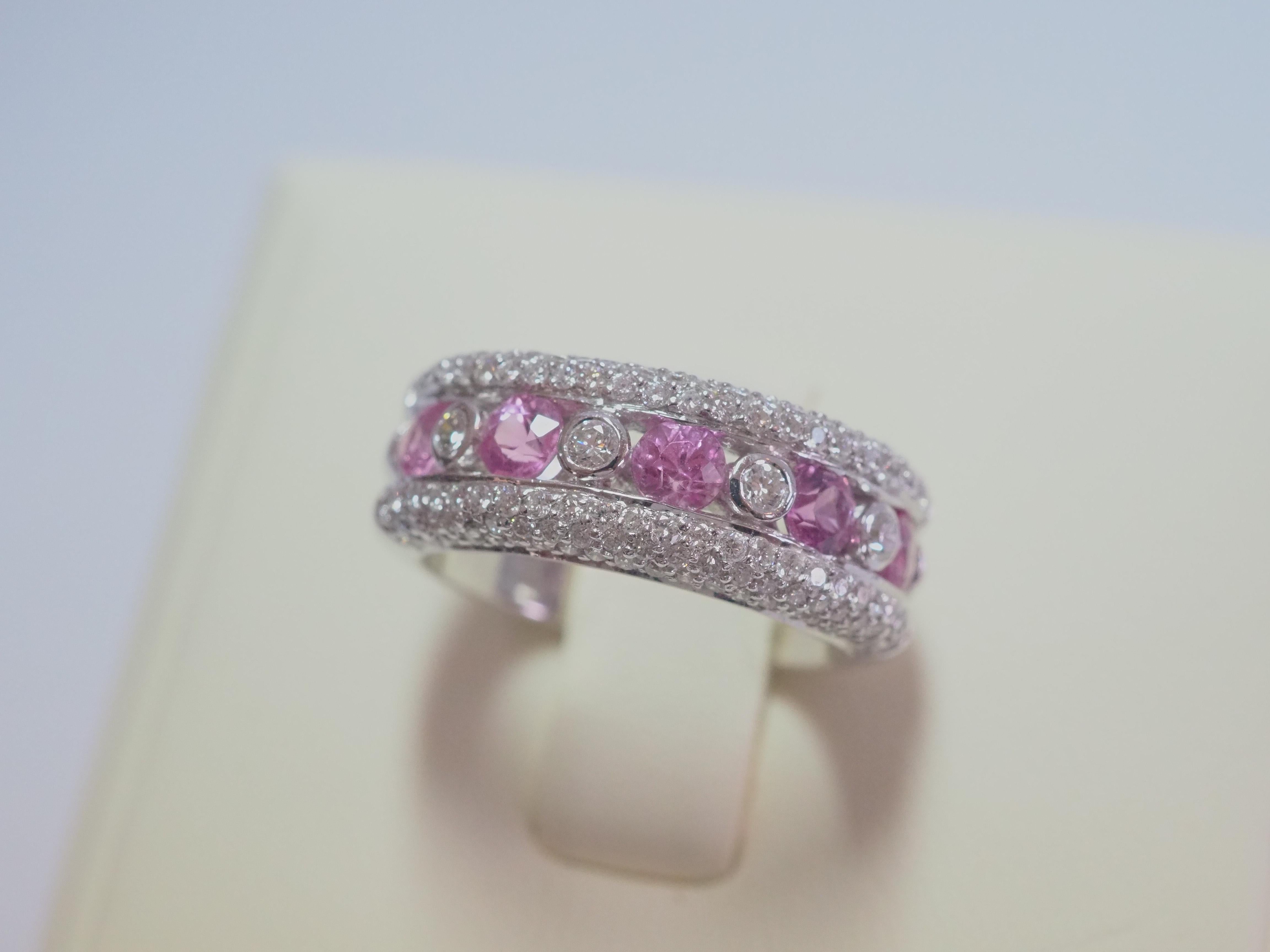 18K White Gold 1.06ct Pink Sapphires & 0.73ct Diamond Cocktail Band Ring For Sale 1