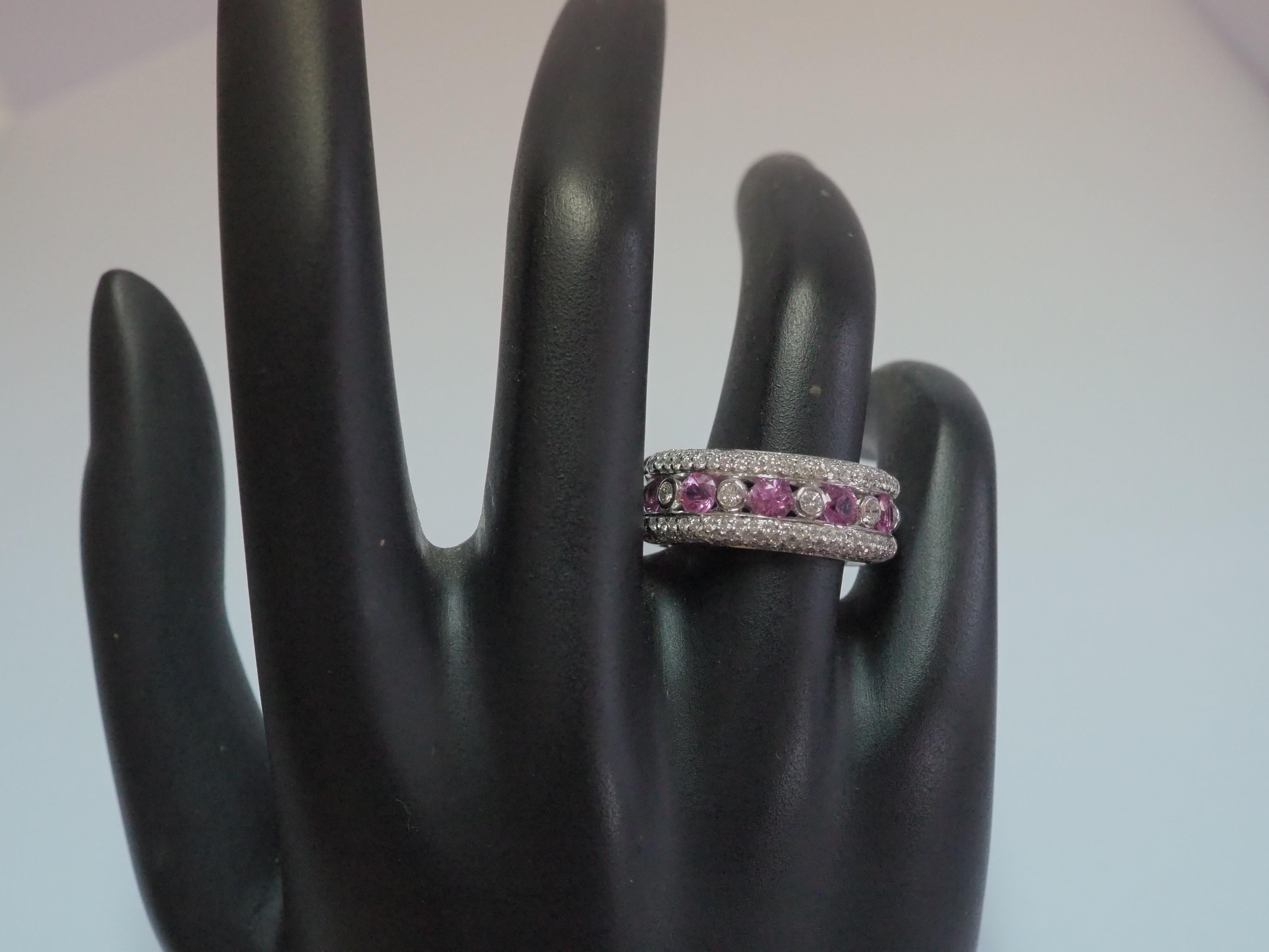 18K White Gold 1.06ct Pink Sapphires & 0.73ct Diamond Cocktail Band Ring For Sale 3