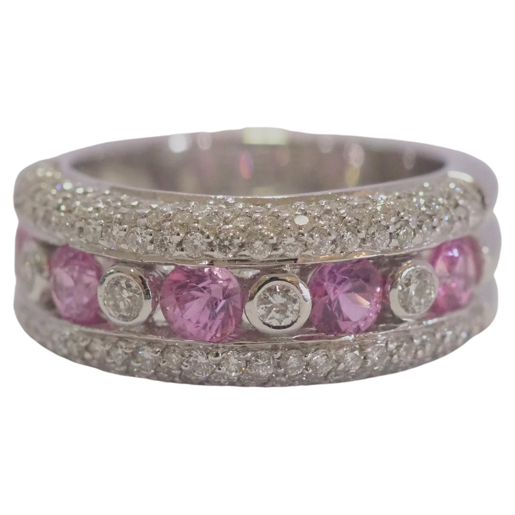 18K White Gold 1.06ct Pink Sapphires & 0.73ct Diamond Cocktail Band Ring For Sale