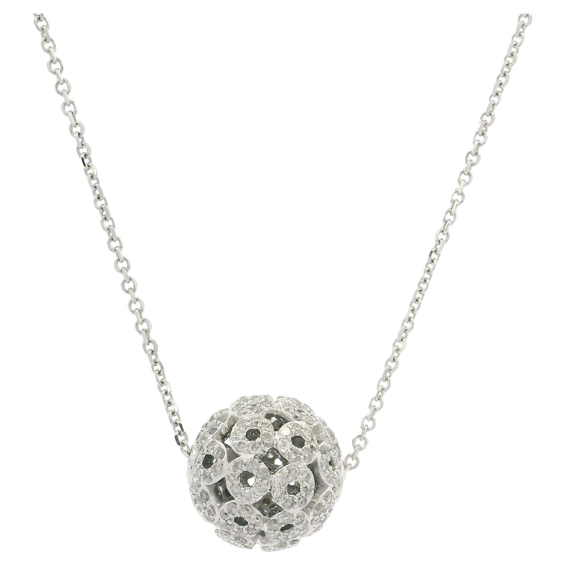 18k White Gold 1.06ctw Diamond Ball Bead Slide Pendant Adjustable Chain Necklace