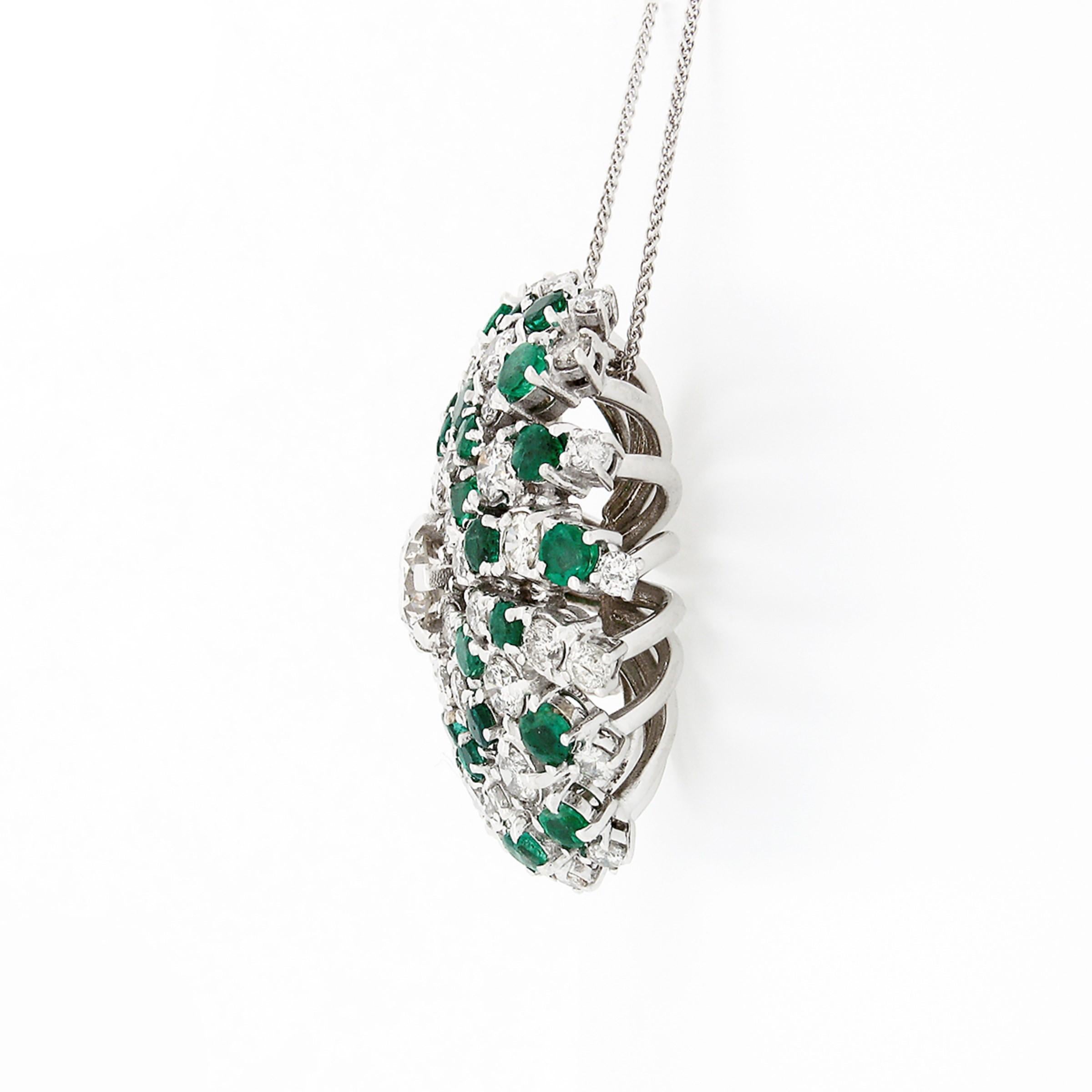 18k White Gold 10.75ctw Round Brilliant Diamond Emerald Swirl Pendant Necklace In Good Condition In Montclair, NJ