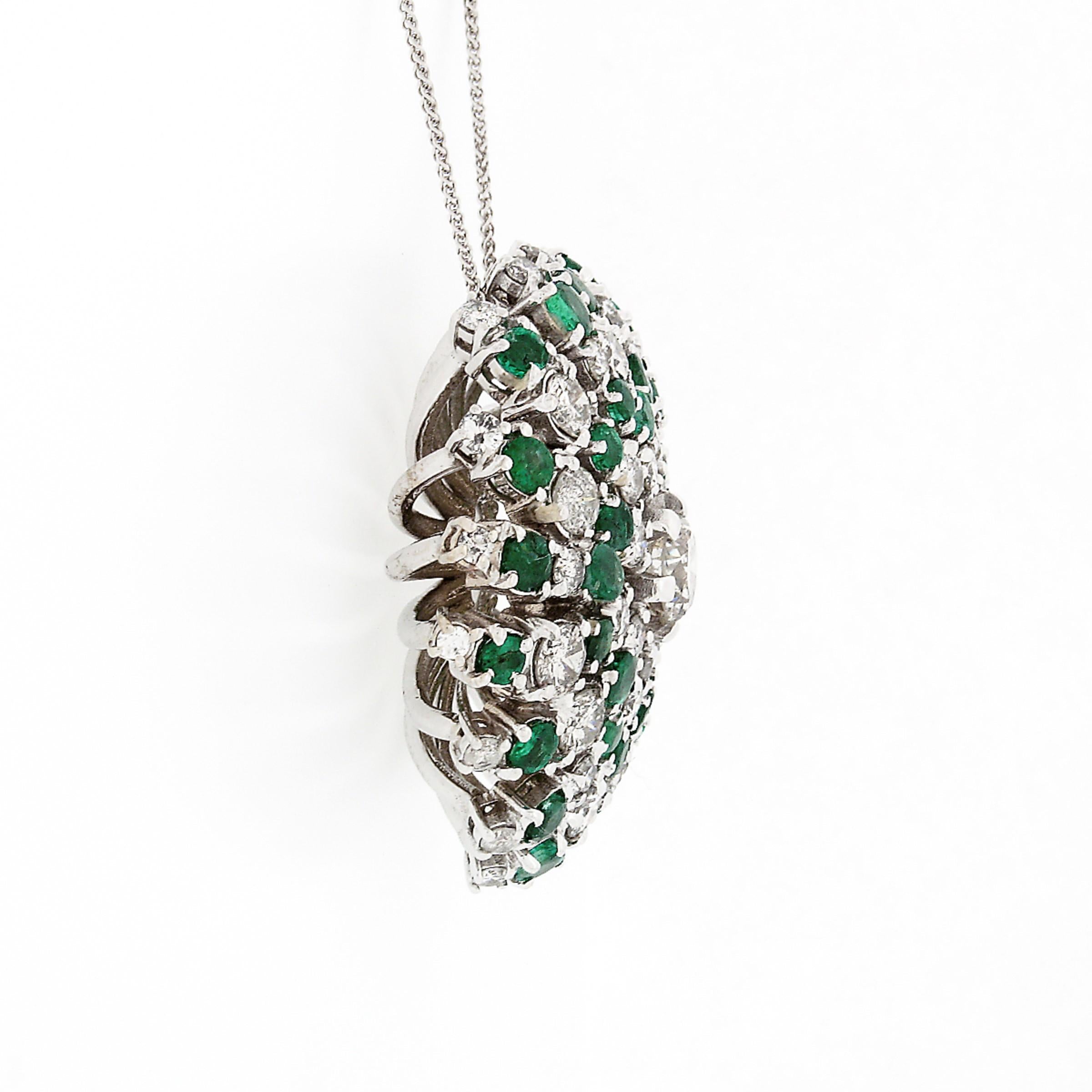 Women's 18k White Gold 10.75ctw Round Brilliant Diamond Emerald Swirl Pendant Necklace