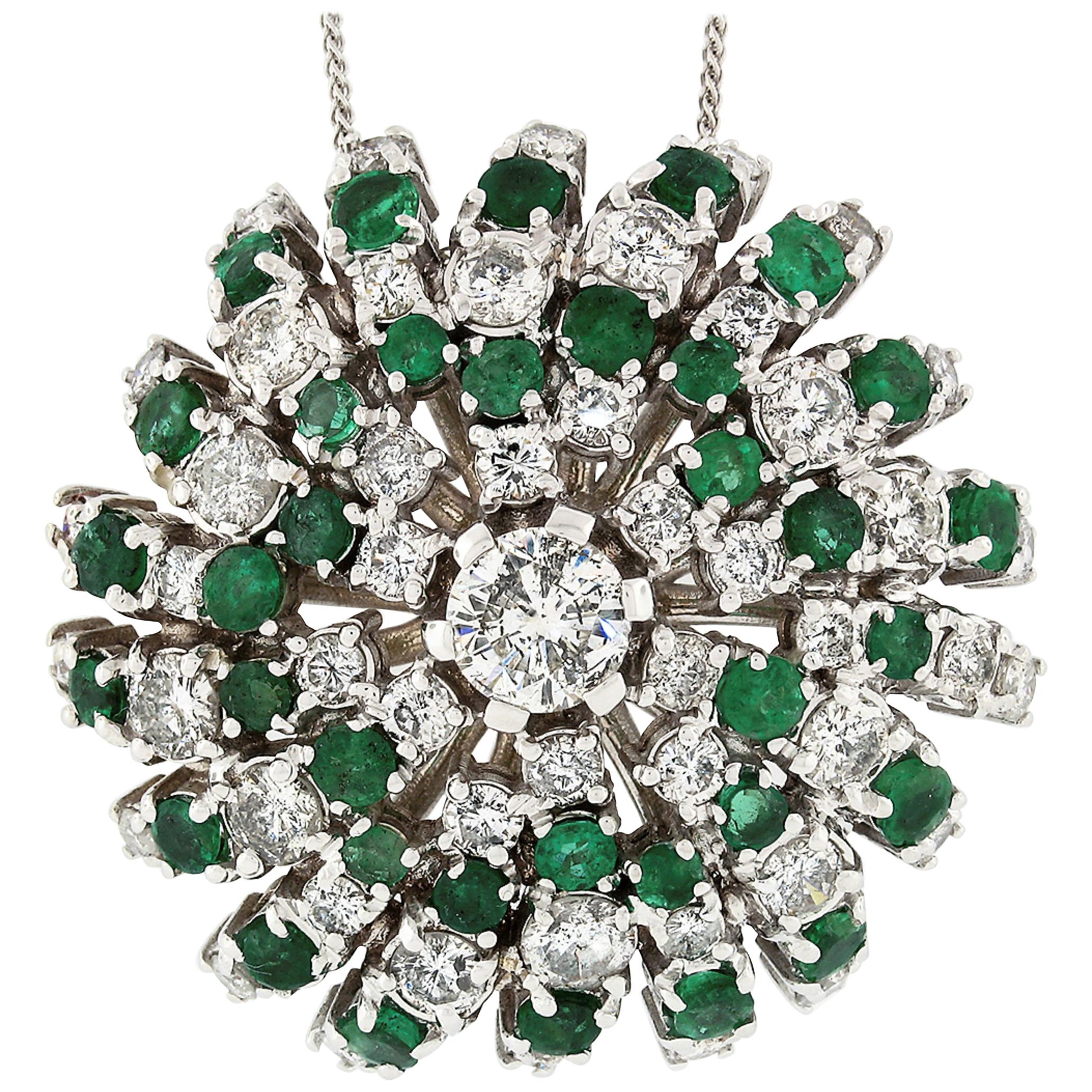 18k White Gold 10.75ctw Round Brilliant Diamond Emerald Swirl Pendant Necklace